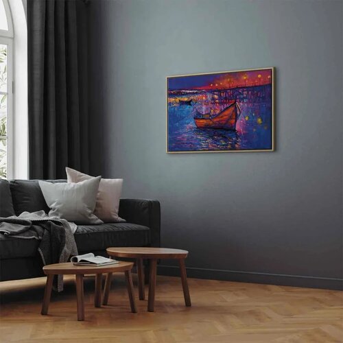  Slika - Modern impressionism - night landscape of a lake with a floating boat 60x40 U prirodnom drvenom okviru Slike