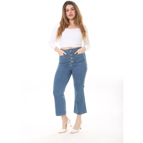Şans Women's Plus Size Blue Metal Button Front And Back 4 Pocket Jeans Slike