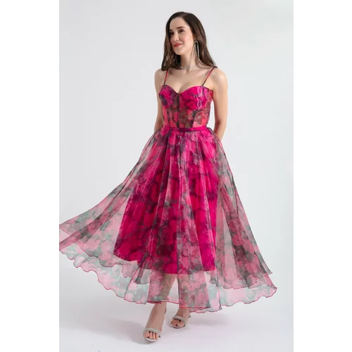 Lafaba Women's Fuchsia Design Organza Evening Dress