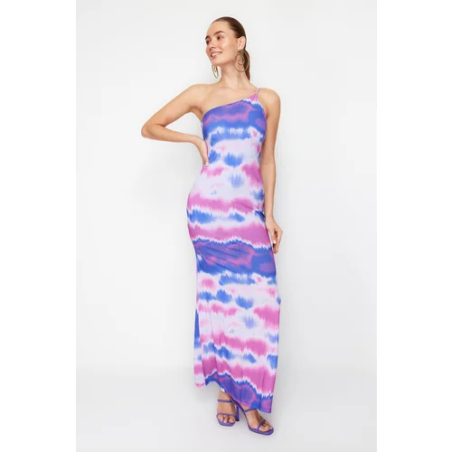 Trendyol Blue-Multicolor Gradient Patterned One-Shoulder Long Evening Evening Dress