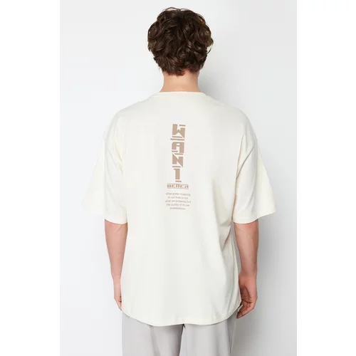 Trendyol Stone Men's Oversize/Wide-Fit Text Printed Back 100% Cotton T-shirt