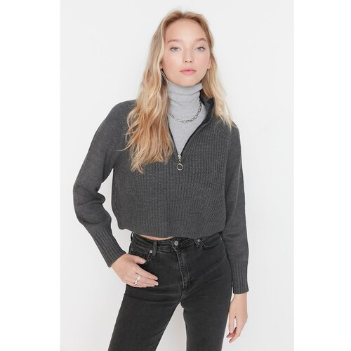 Trendyol Anthracite Crop Zipper Detailed Knitwear Sweater Cene