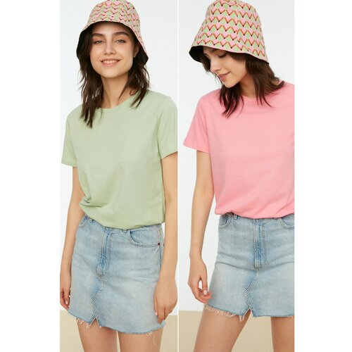 Trendyol Pink-Mint 100% Cotton Single Jersey Crew Neck 2-Pack Knitted T-Shirt Slike
