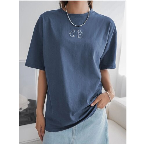 Know Women's Indigo Blue Penguin Printed Oversize T-shirt Cene