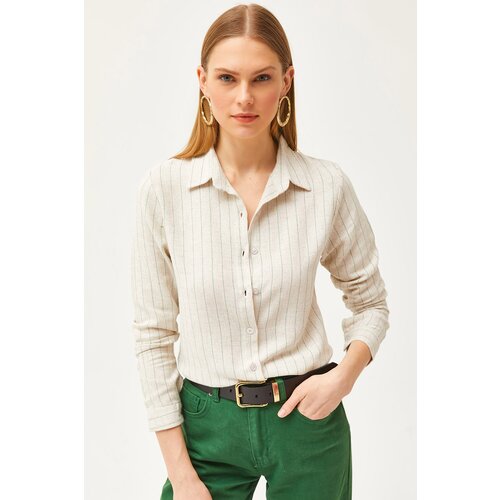 Olalook Women's Stone Green Striped Linen Shirt Cene