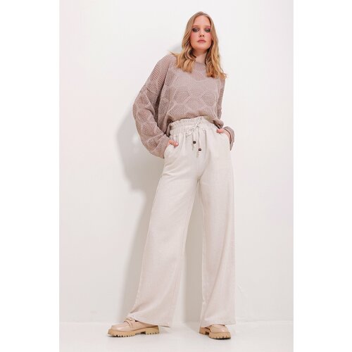 Trend Alaçatı Stili Women's Light Beige Double Pocket Laced Palazzo Linen Trousers Slike