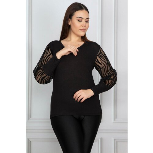 Şans Women's Plus Size Black Sleeve Flocked Tulle Blouse Slike