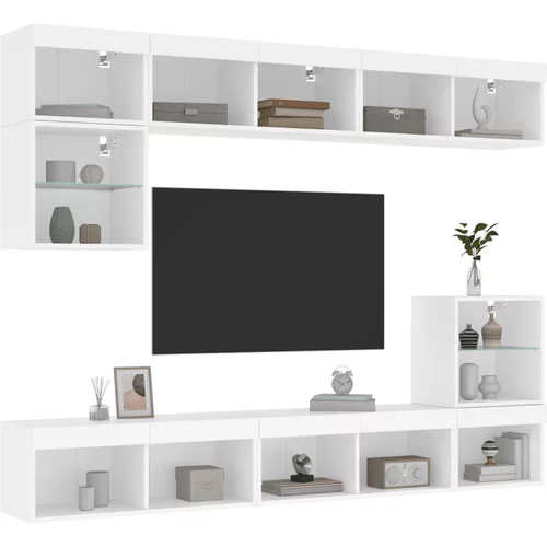  8-dijelni zidni TV elementi s LED svjetlima bijeli drveni