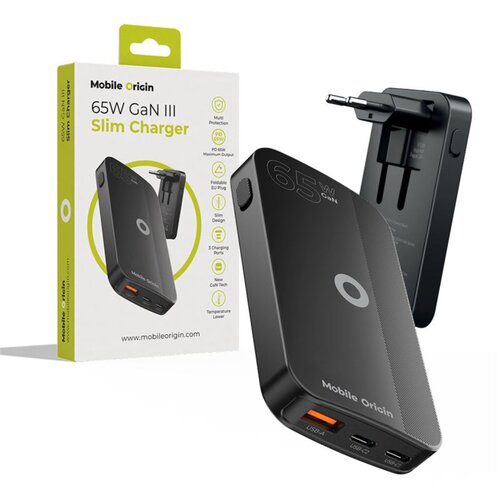 MOBILE ORIGIN 65W GaN Slim dual USB-C single USB-A black Slike