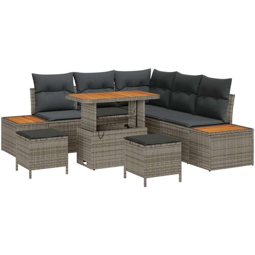  Set od 8 komada Vrtne Sofe s Jastucima Sivi Poly Rattan Akacija Set od 3 komada Vrtne Trpeze s Jastucima Sivi Poly Rattan Akaci Slike