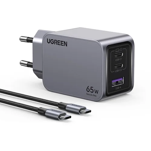 Ugreen Nexode Pro 65W 3-Portni GaN USB polnilec s priloženim 1,5M 100W USB-C polnilnim kablom