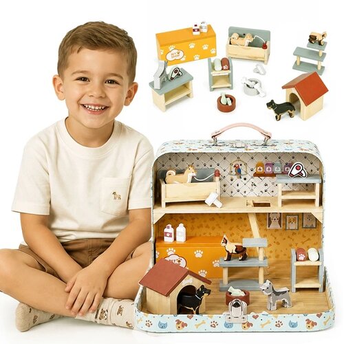 ECO TOYS Ecotoys Drveni Pet Shop u prijenosnom koferu, set od 23 dodataka Slike