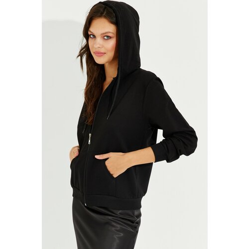 Cool & Sexy Women's Black Zippered Hooded Sweat Jacket DY705 Slike