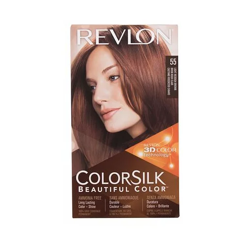 Revlon colorsilk Beautiful Color nijansa 55 Light Reddish Brown darovni set boja za kosu Colorsilk Beautiful Color 59,1 ml + razvijač boje 59,1 ml + regenerator 11,8 ml + rukavice