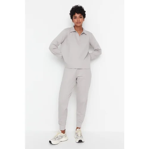 Trendyol Gray Regular/Normal Fit Polo Collar, Thin, Knitted Tracksuit Set