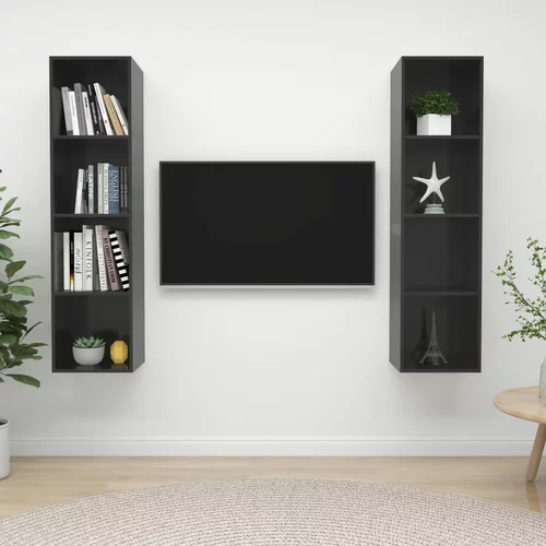 vidaXL Stenska TV omarica 2 kosa visok sijaj sive barve iverna plošča, (20733556)