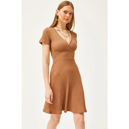 Olalook Women's Camel Double Breasted Collar Short Sleeve Mini Flared Dress