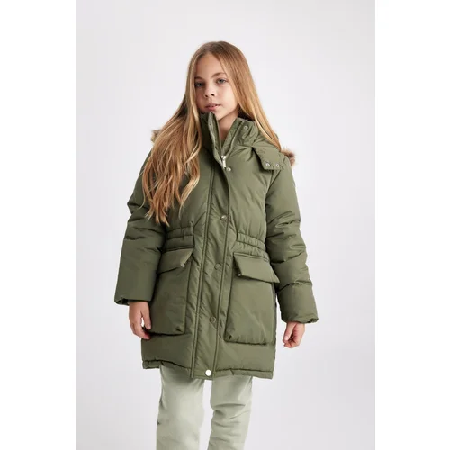 Defacto Girl's Water Repellent Hooded Removable Faux Für Lined Jacket Coat