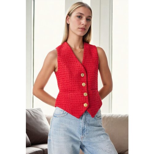 Dewberry 32534 Metal Button Detailed Tweed Women Vest-RED Cene