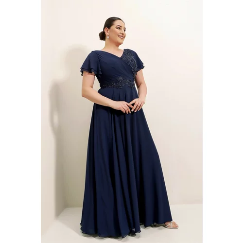 By Saygı Flounce Sleeves Front Beaded Embroidery Pleated Lined B.C. Chiffon Dress Navy
