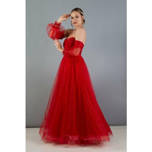 Carmen Red Tulle Low Sleeve Engagement Evening Dress Slike