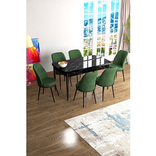 Hanah home Han - Black Marble, Khaki Black MarbleKhaki Extendable Dining Table & Chairs Set (7 Pieces) Cene