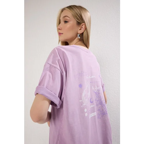 Trendyol Lilac 100% Cotton Faded Back Printed Boyfriend Crew Neck Knitted T-Shirt