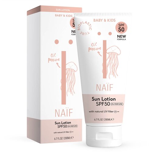 Na&amp;iuml;f&amp;reg; Baby &amp;amp; Kids Sun Lotion SPF 50 krema za sončenje brez di&amp;scaron;av za otroke od rojstva SPF 50 200 ml Slike