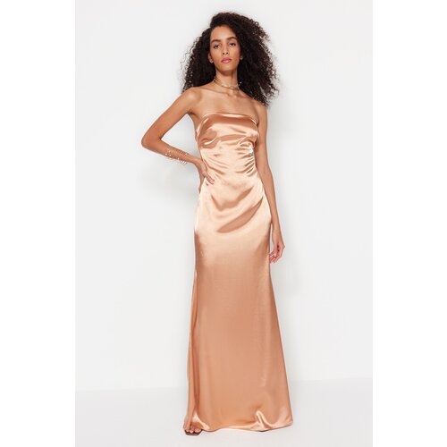 Trendyol Salmon Fitted Evening Dress In Weave Satin, Long Evening Dress Slike
