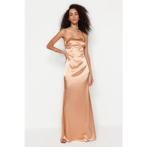 Trendyol Salmon Fitted Evening Dress In Weave Satin, Long Evening Dress