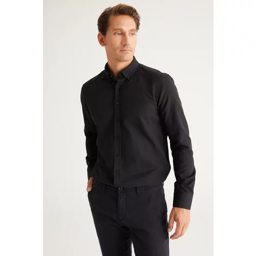 AC&Co / Altınyıldız Classics Men's Black Buttoned Collar Cotton Slim Fit Slim-fit Oxford Shirt.