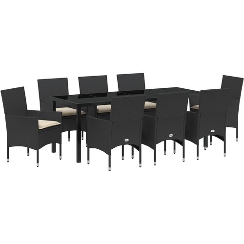 VidaXL Vrtna jedilna garnitura s blazinami Črn poli ratan, Vrtna miza Črna 200x80x73 cm Kaljeno steklo Slike