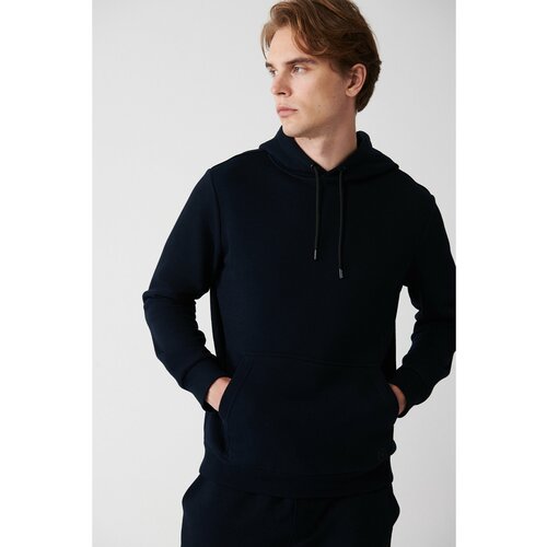Avva Navy Blue Unisex Sweatshirt Hooded With Fleece Inner Collar 3 Thread Cotton Standard Fit Regular Cut Cene