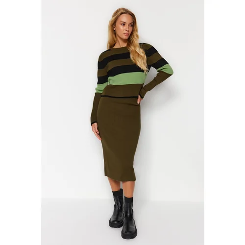 Trendyol Khaki Color Block Knitwear Top and Bottom Set