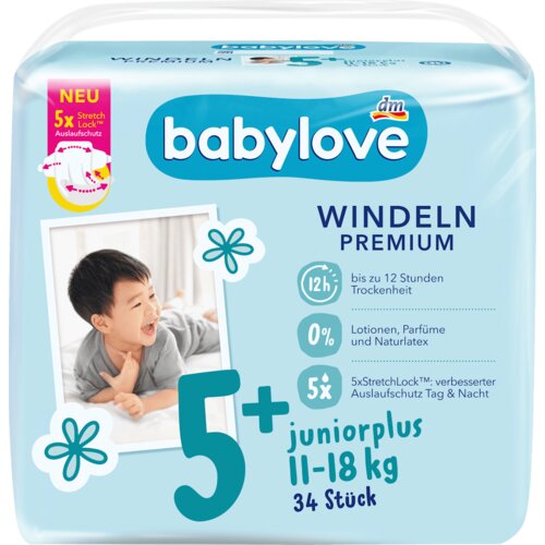 babylove PREMIUM pelene juniorplus, veličina 5+ (11-18 kg) 34 kom Slike