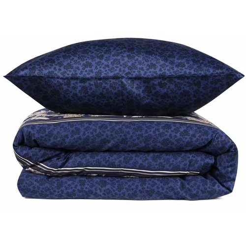 Mijolnir Temno modra podaljšana posteljnina iz bombažnega satena za zakonsko posteljo z rjuho in pregrinjalom 240x260 cm Pera -