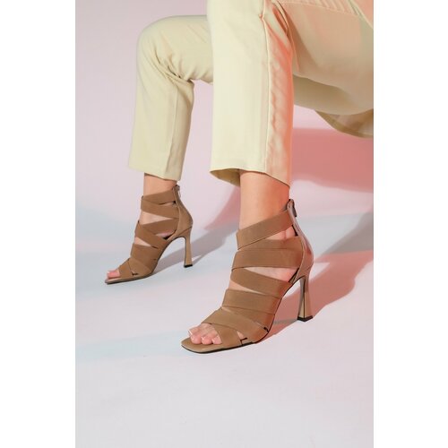 LuviShoes VEJLE Dark Beige Elastic Back Zipper Open Front Women's Stiletto Heel Shoes Slike