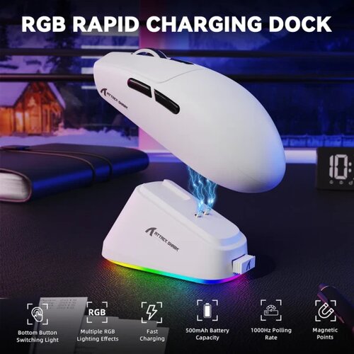 Attack Shark bežični gaming mi&amp;scaron; G3Pro PAW3311/25000 dpi/omron switches/white + charging dock Slike