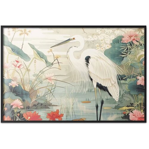  Plakat - Over the Asian Pond - illustration in the Japanese print style featuring a heron 60x40 Crni okvir Slike