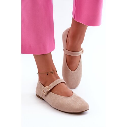 Kesi beige ballet flats Anlofi made of eco-friendly suede with buckle closure Slike