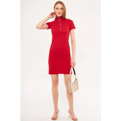 armonika Women's Red Collar Zippered Body-Fitting Above Knee Short Sleeve Dress