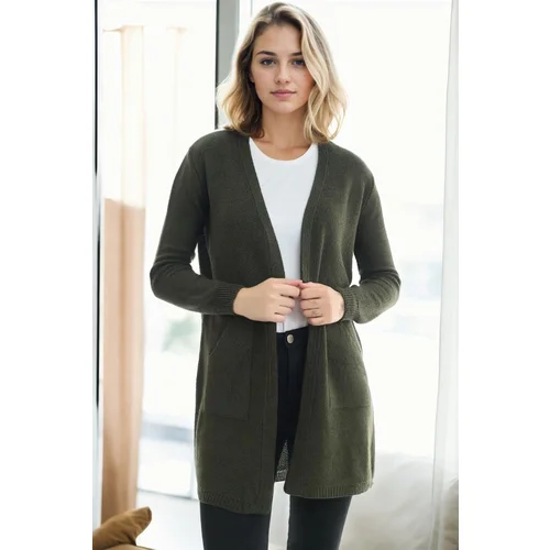 Dewberry 99224 Kangaroo Pocket Knitwear Cardigan-Khaki