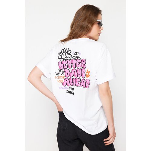 Trendyol White 100% Cotton Back and Front Printed Oversize/Wide Knitted T-Shirt Cene