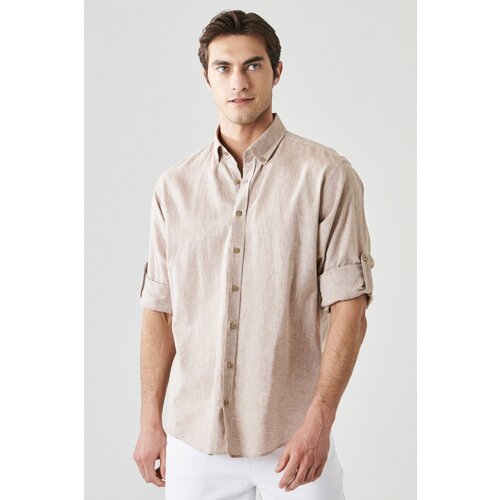AC&Co / Altınyıldız Classics Men's Camel Comfort Fit Relaxed Cut Buttoned Collar Casual Linen Shirt Cene