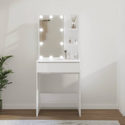 The Living Store Toaletna mizica z LED lučkami visok sijaj bela 60x40x140 cm - Toaletna Mizica, (21671087) Slike