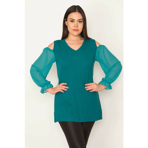 Şans Women's Plus Size Green Chiffon Detailed Blouse with Decollete Shoulder Sleeves Slike