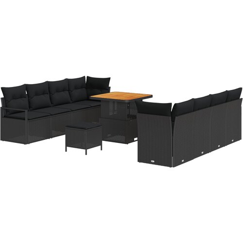 VidaXL 11-dijelni Vrtni Sofa Set s Jastučićima Crni Poli Ratan Akacija, 2-sjedni Vrtni Sofa s Odlaganjem i Jastučićima Crni Poli Ratan, 3-dijelni Vrtni Set za Jelo s Jastučićima Crni Poli Ratan Akacija Slike