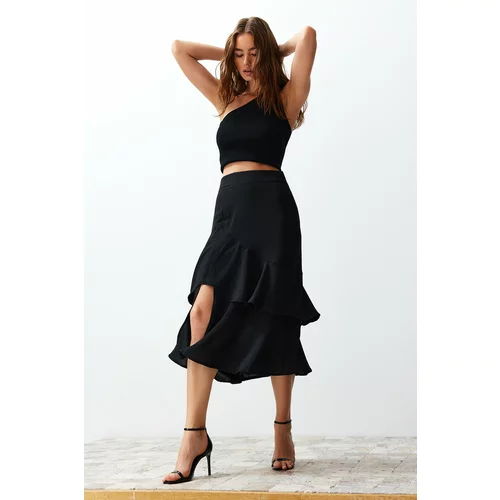 Trendyol Black Flounce Midi Woven Skirt