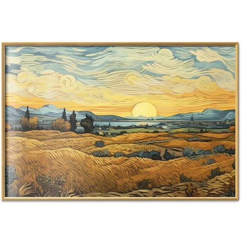  Plakat Impressionistic fields - painted golden landscape with fields of grain 60x40 Zlatni okvir Slike