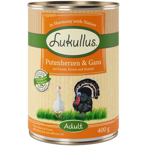 Varčno pakiranje Lukullus naravna hrana 24 x 400 g - Adult Puranja srca & goska Cijene